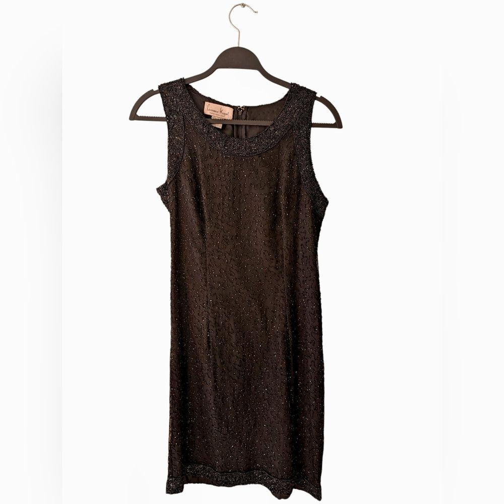 Laurence Kazar Vintage 80s Black Silk Beaded Cocktail Formal Glam‎ Dress Size L
